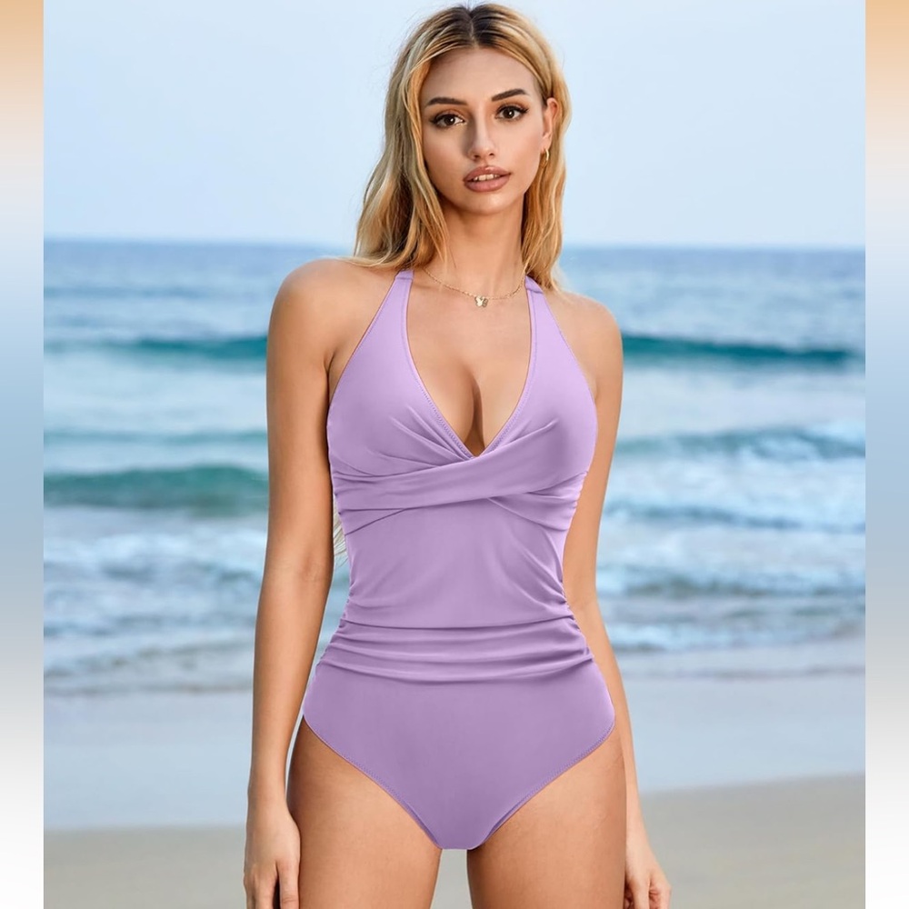 Lavender Ruched Halter One-Piece Swimsuit - Picture 2 of 12